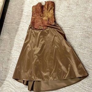 Bronze strapless evening/cocktail dress. Size 8. Corset style top.